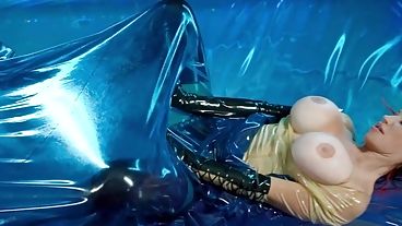 Куколка светит огромными дойками через латекс на водяном матрасе